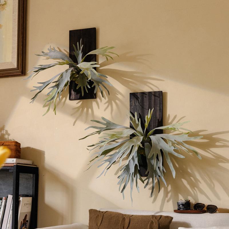 实木画框绿仿真植E鹿角蕨底座631挂墙苔藓蕨类盆挂栽垂吊壁假植物