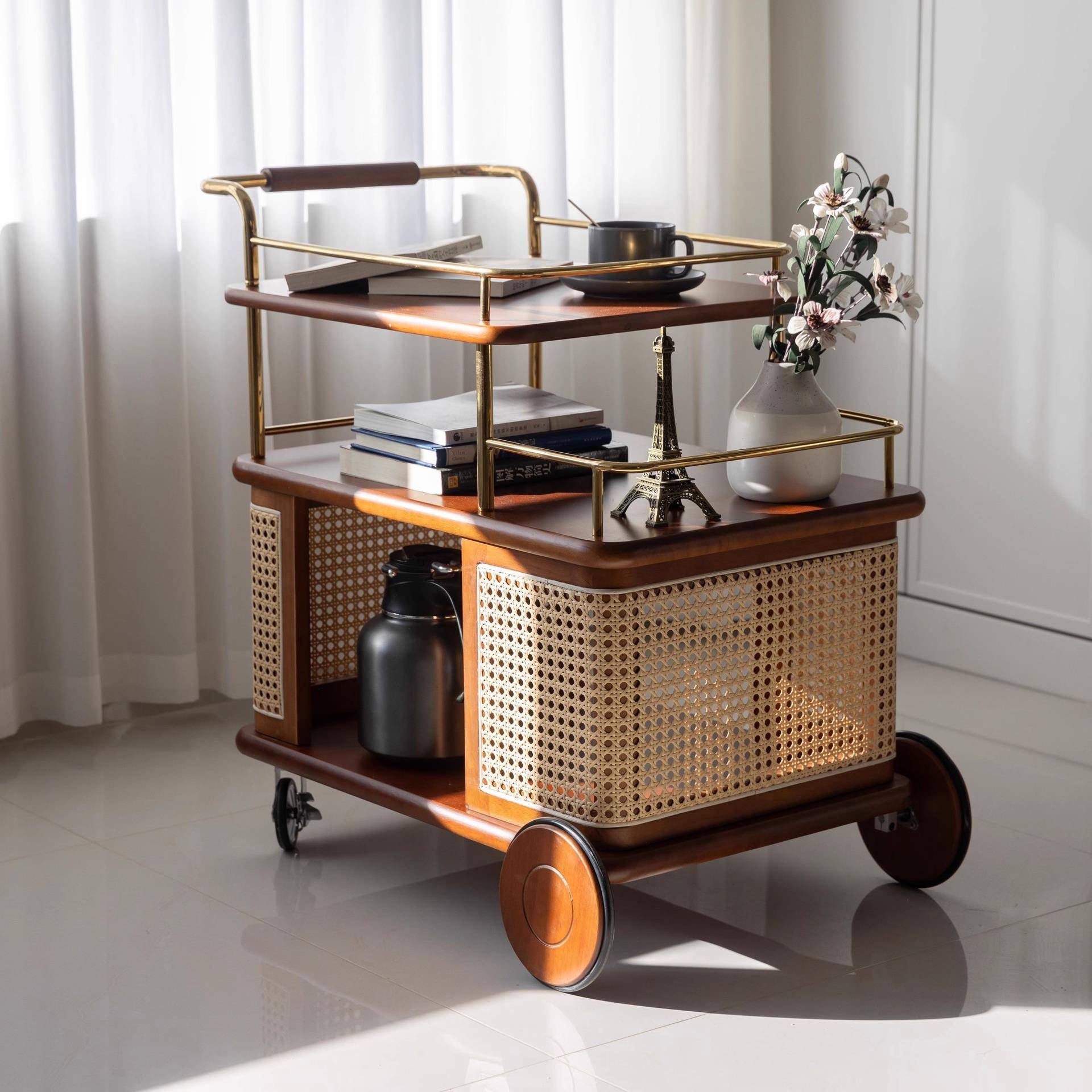 XTC04家用发木车中古风小推车实木边几实小茶几沙移动收纳推推车