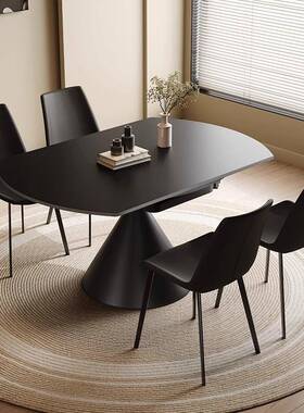 岩意式极简餐桌椅组FXI合家黑色可旋转伸缩方板圆两用用饭桌可伸