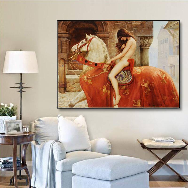 世界名画马背上的夫人戈黛娃Godiva夫人装饰画油画欧挂画卧室酒店图片