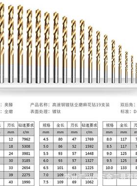AUTD钢A奥滕1.磨0-装1TNW0mm高速镀钛全直柄麻花钻头19支套AT-019