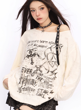 kellykitty小栈月下 长袖T恤女夏季宽松显瘦遮肉设计感露肩上衣