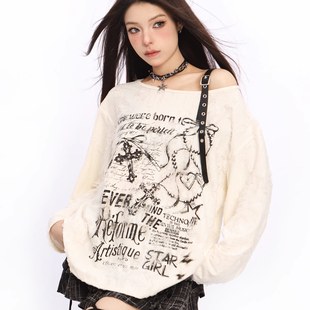 kellykitty小栈月下 长袖T恤女夏季宽松显瘦遮肉设计感露肩上衣