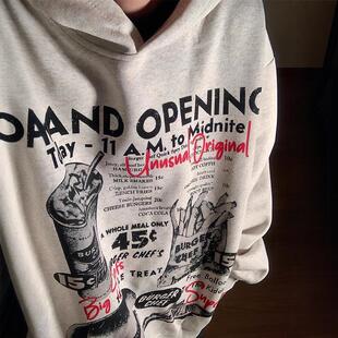 素素本SU美式复古汉堡薯条连帽卫衣春秋男女宽松原创潮牌情侣加绒