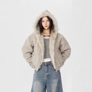 【零碎岛屿】美式复古座山雕短款连帽毛领棉服女冬派克服棉衣外套