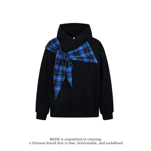 BODK美式复古蝴蝶结格子绑带连帽卫衣秋冬男女宽松设计感潮情侣装