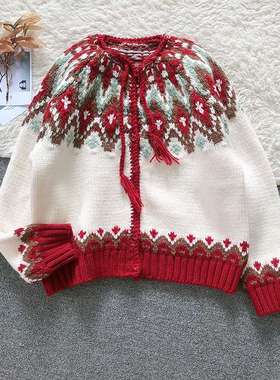 手工冰岛毛衣红色圣诞日系抽绳古着摩天轮减龄学院风毛衣针织开衫