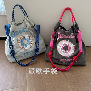 日本ball chain高圆圆同款环保购物袋甜甜圈刺绣尼龙包单肩斜挎女