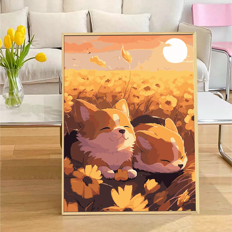 速发可爱柴犬数字油烯填充涂色手工绘画日葵丙向油彩装饰挂画