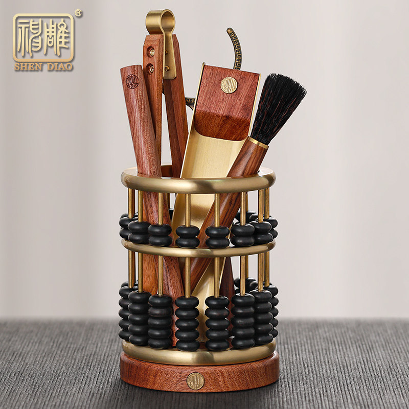 速发神加 实木茶子六君道套装雕大茶筒茶具配件家用泡茶工具6件套