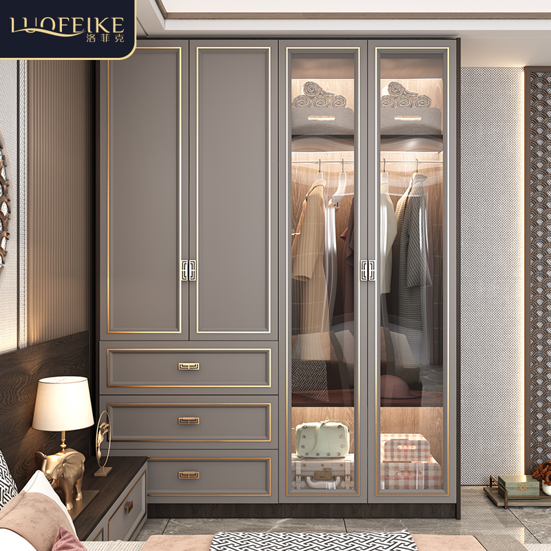 速发轻奢实木衣柜中式家用卧室玻璃门柜整体对开门组合大衣橱