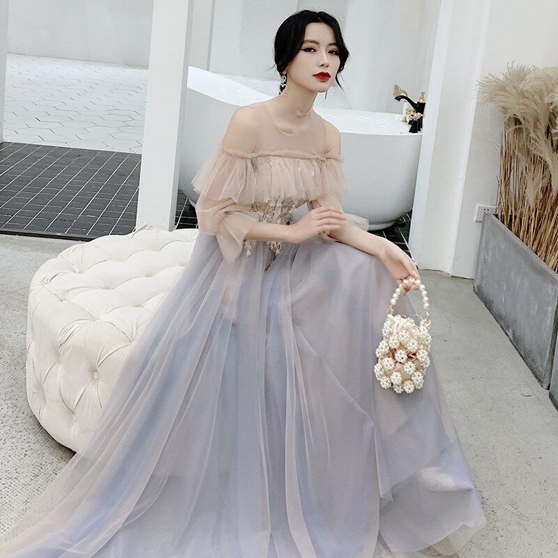 速发伴娘服仙气质2025新款夏季灰色长款姐妹裙闺蜜团婚礼晚礼服