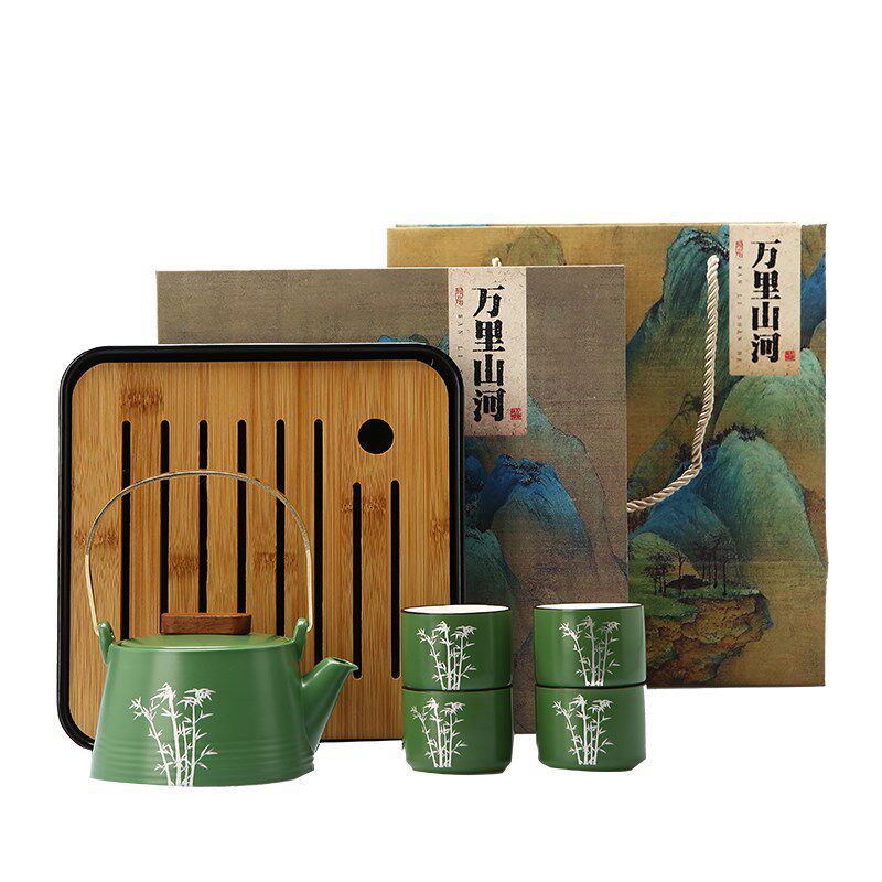 速发文竹功夫茶具一壶四杯银竹提梁壶茶杯套装礼盒送长辈领导生日