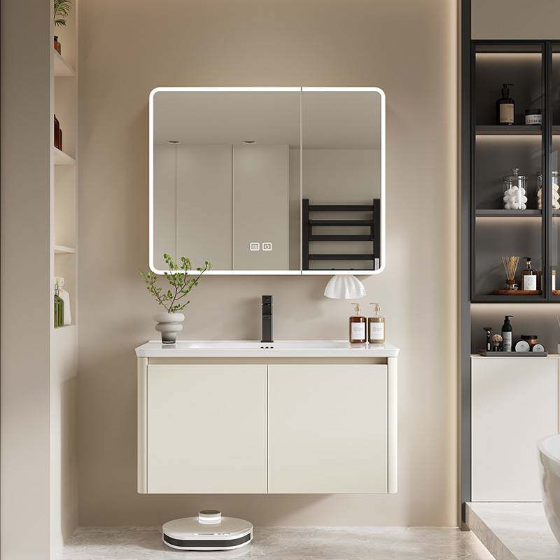 圆弧蜂窝铝板智能镜浴室柜奶油风简约圆角弧形加厚组合陶瓷一体盆