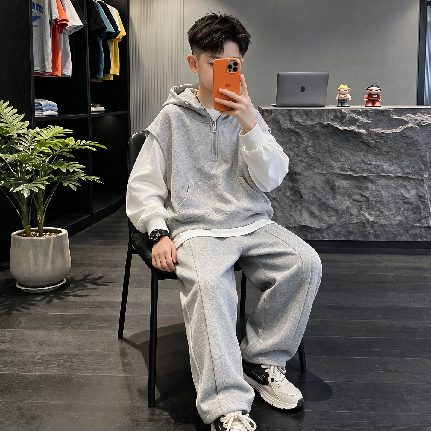 男童卫衣套装2026新款春秋大儿童运动装马甲连帽三件套男孩休闲潮