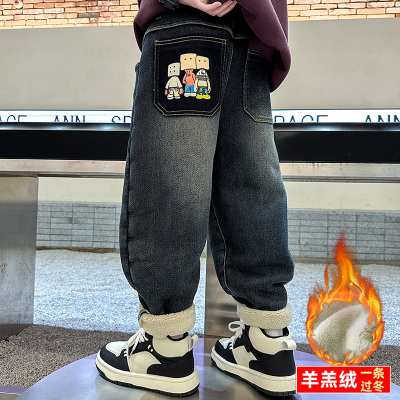 男童加绒牛仔裤子秋冬款20