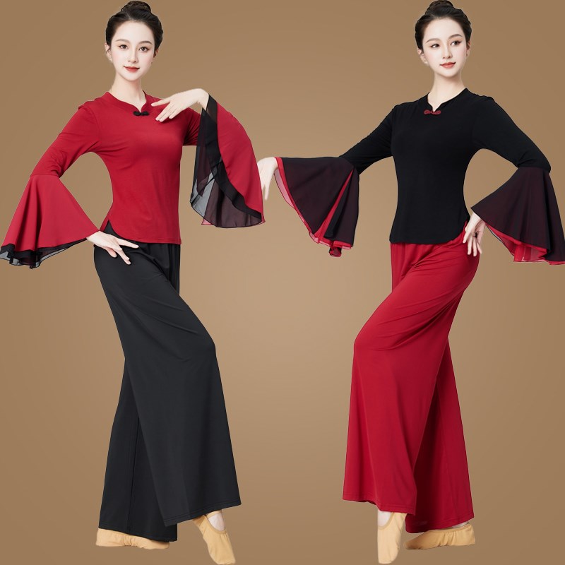 喇叭袖古典扇子舞蹈m演出服广场舞服装新品款套装女长袖跳舞衣民