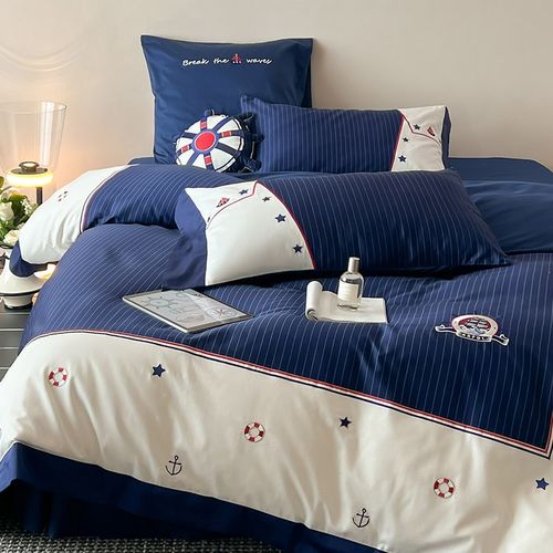 A类英伦风100S长绒棉四件套全棉高精密K帆船刺绣男孩被套床上用品