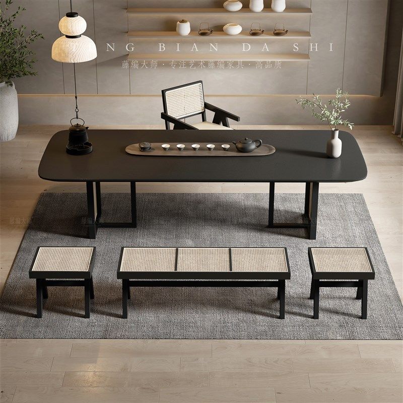 侘寂风藤编实木泡茶桌简约功夫y茶大板茶台办公室新中式茶桌椅组,住宅家具,家用茶台/茶桌,淘宝优惠券,粉丝福利购,淘宝优惠卷