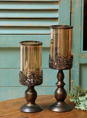 欧式复古铁艺玻璃烛台p摩洛哥风格刷金做旧风灯家居饰品氛围摆件