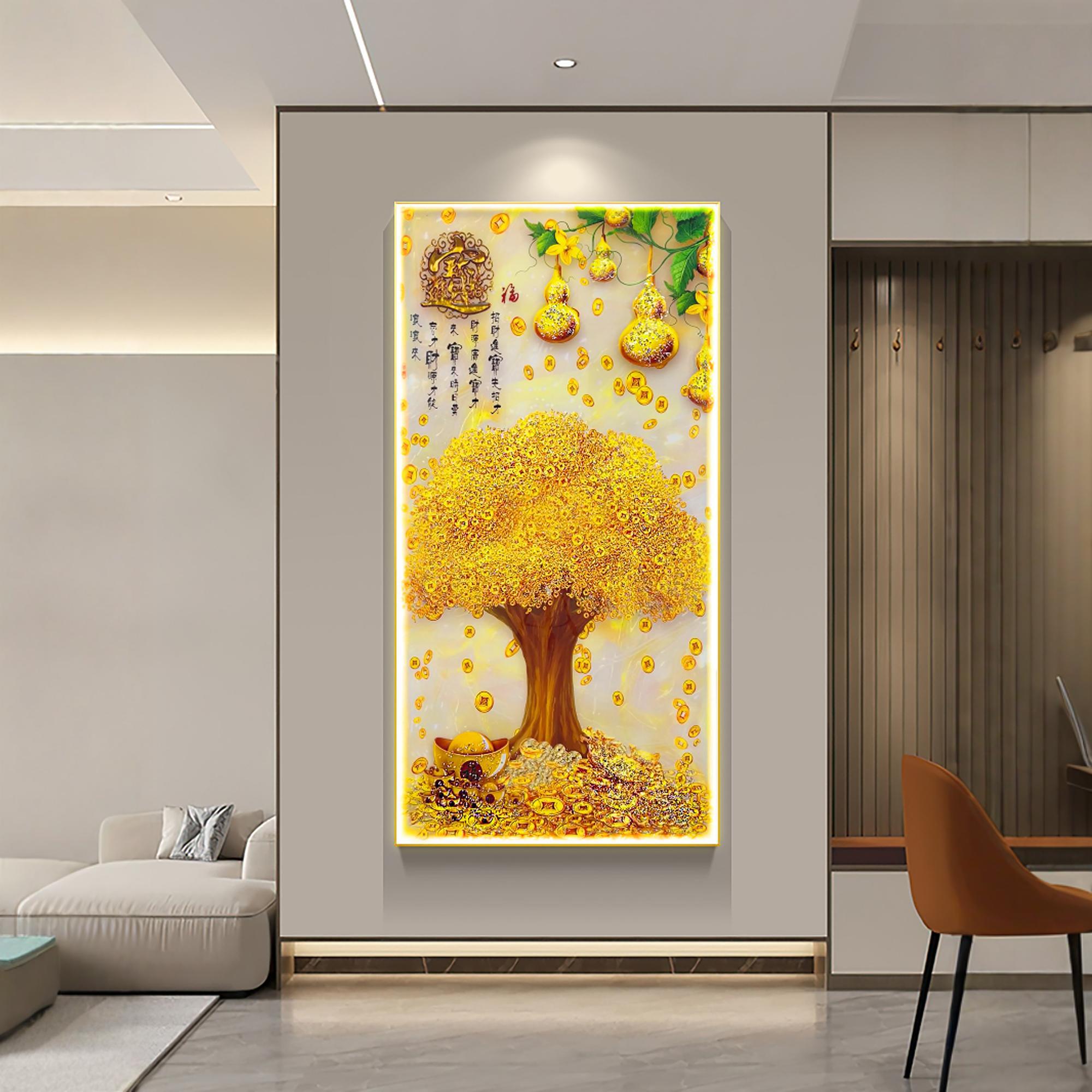 发财树入门玄关好寓意晶瓷装饰画新中式过道挂画现代走廊尽头壁画图片