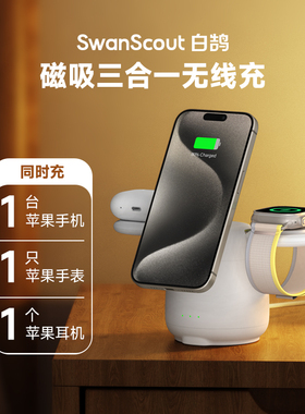 白鹄SwanScout707M三合一磁吸无线充电器快充适用iPhone12-17/AppleWatch/AirPods萌趣造型桌面支架摆件礼物