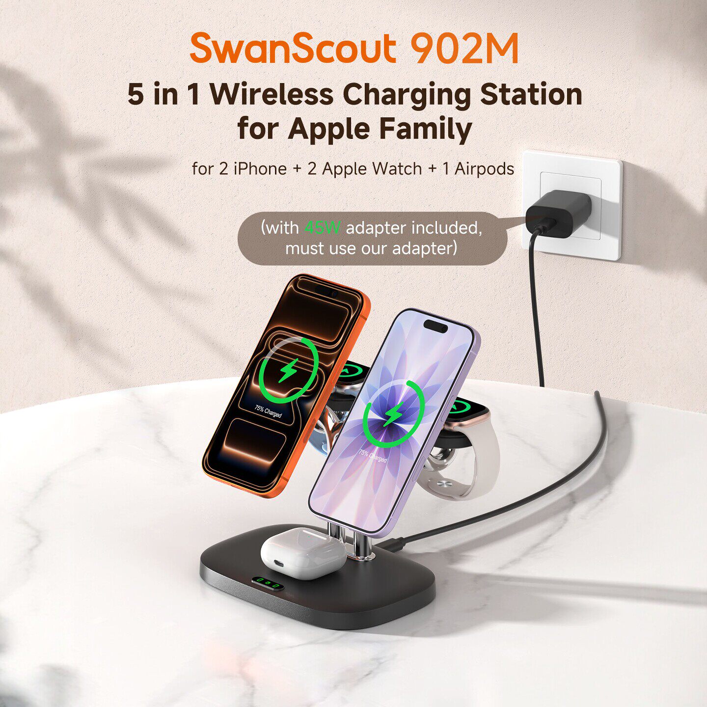 SwanScout902M 适用于苹果iPhone12-17系列iWatchS11手表AirPods耳机五合一双手机手表磁吸无线充电快充支架