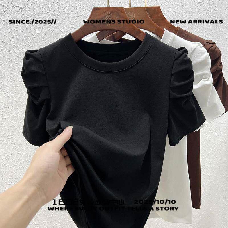 义乌可斐服饰市泡泡袖上衣女款棉法式小众白色短袖恤时髦洋气时尚