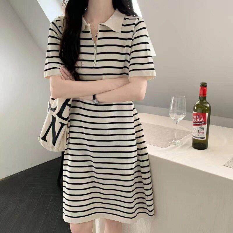 广东广州十三行女裙条纹POLO领拉链针织连衣裙女夏季韩系宽松甜美