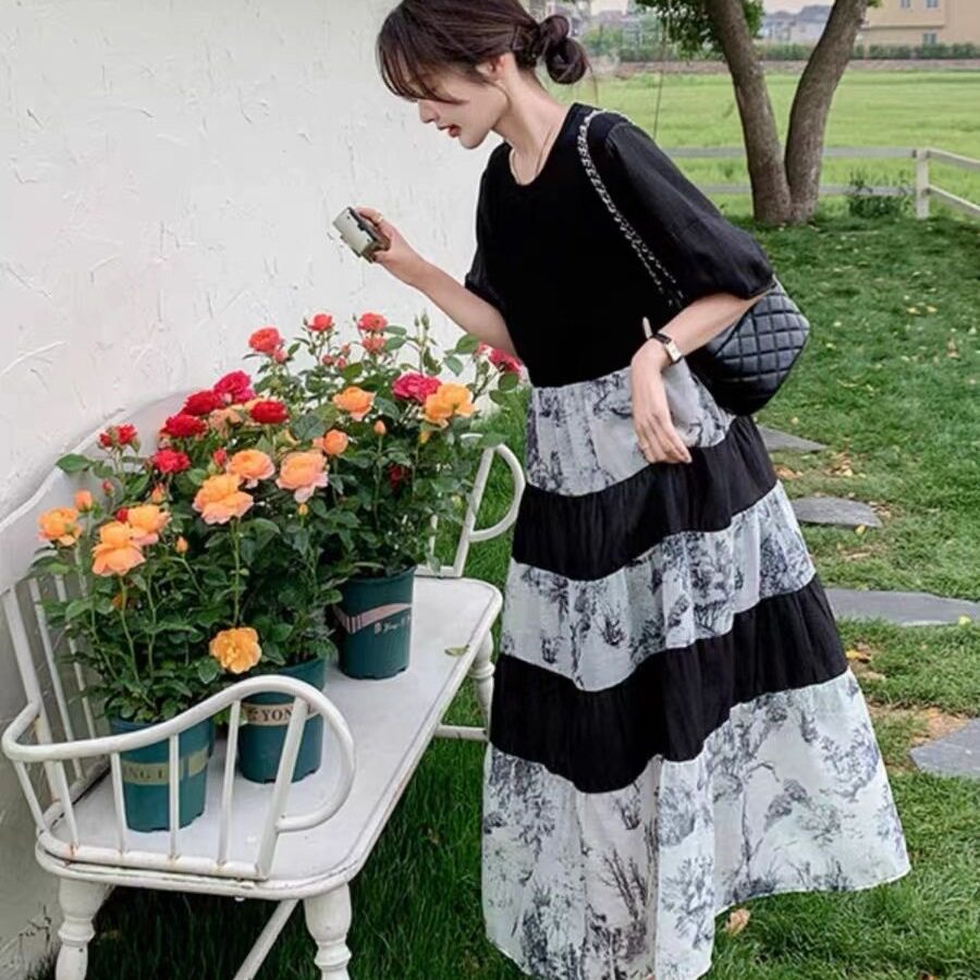 深圳南油高端女装胖MM大码300斤夏季法式气质水墨印花连衣裙女宽
