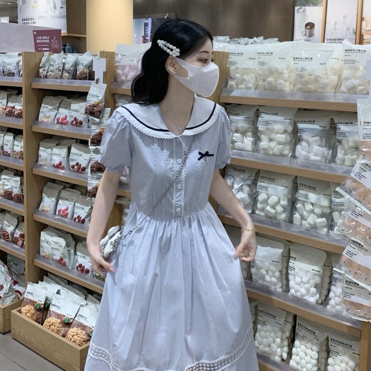 南油深圳高端女装学院风甜美可爱海军领过膝长裙子少女夏季小个子