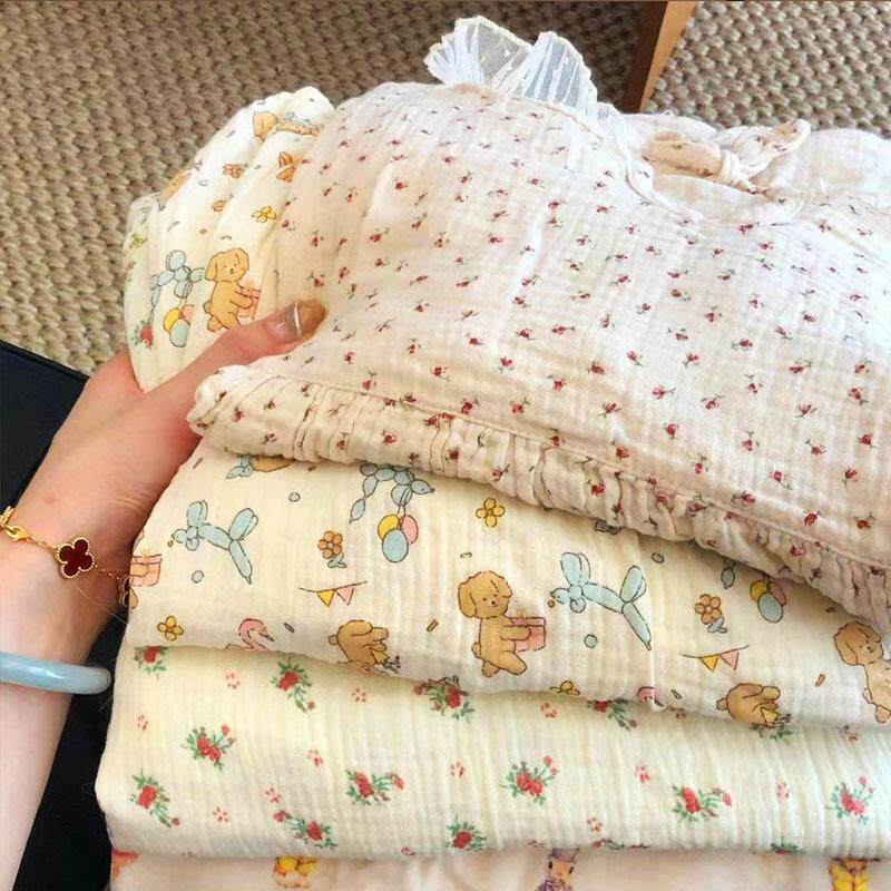 广东揭阳普宁睡衣100%纯棉双层纱布月子服春秋长袖睡衣女夏季棉纱