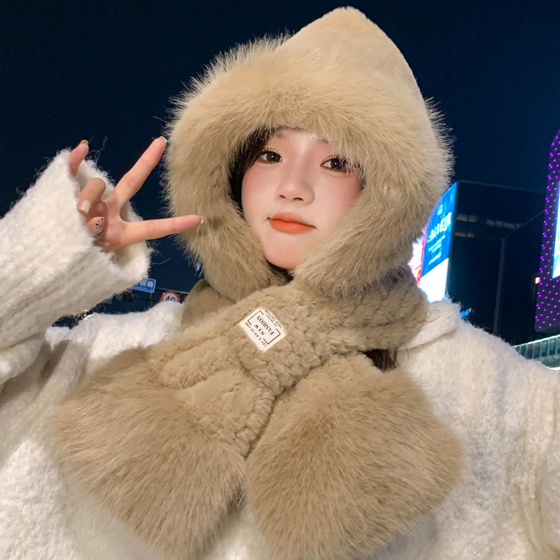 骑行帽子围巾一体女甜美可爱冬天