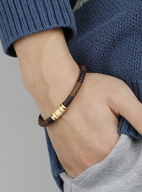 跨境电商欧美钛钢刻字老花色牛皮绳手链不锈钢磁扣男女情侣手环