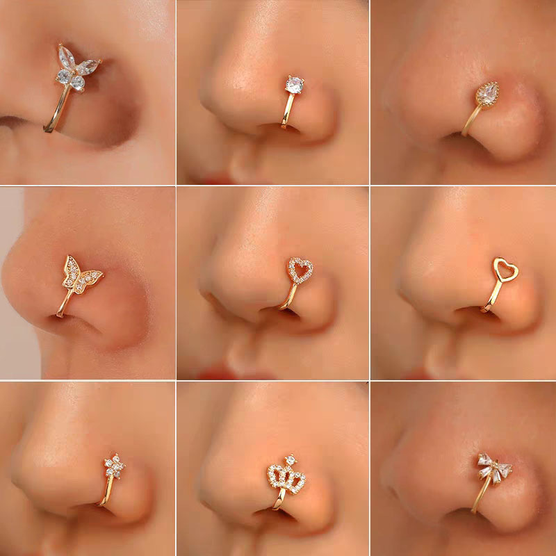 亚马逊跨境外贸鼻钉欧美非穿孔U型鼻夹微镶锆石爱心花朵鼻环批发