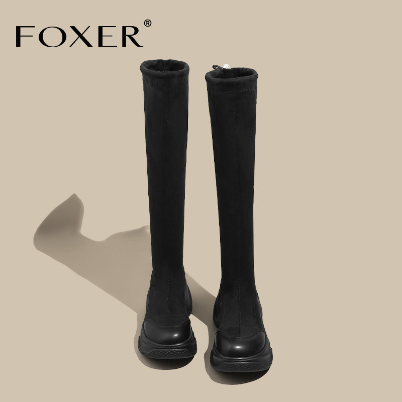 FOXER黑色长筒靴不过膝高跟厚底