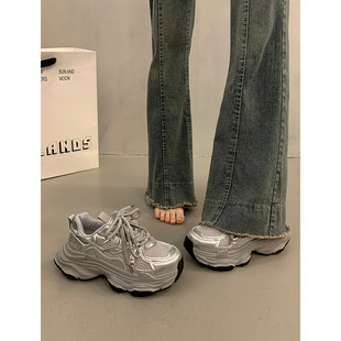 银色老爹鞋女款2026新款春夏爆款小个子厚底增高鞋显脚小休闲女鞋