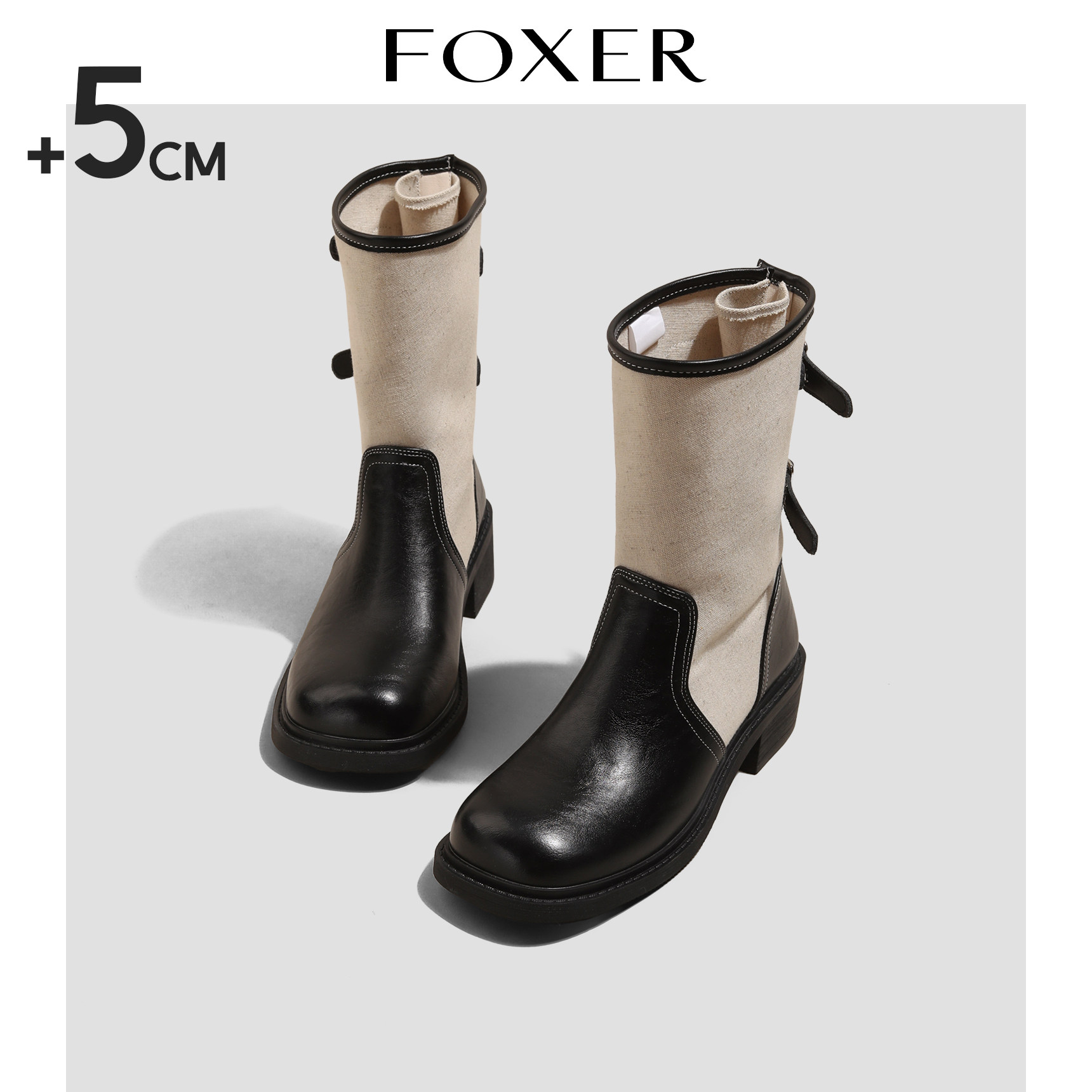 FOXER复古辣妹骑士靴女厚底粗跟