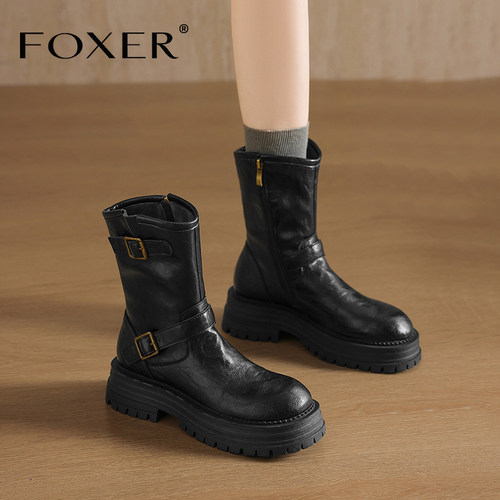 FOXER复古靴子女英伦风厚底增高