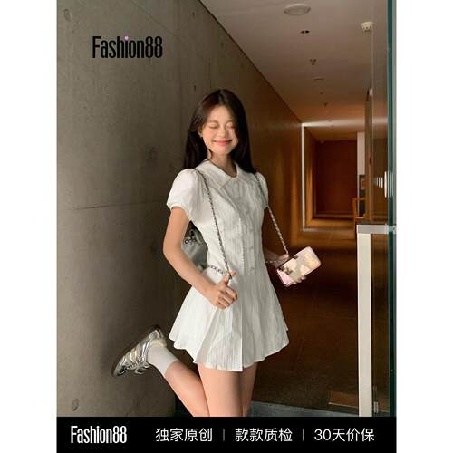 THE AIER白色学院收腰连衣裙气质袖衬衫风子女小个子短裙甜美泡泡