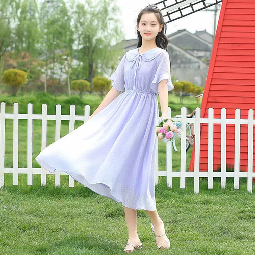 THE AIER学生夏装少女中大童初中长款紫色过膝气质洋气裙子连衣裙
