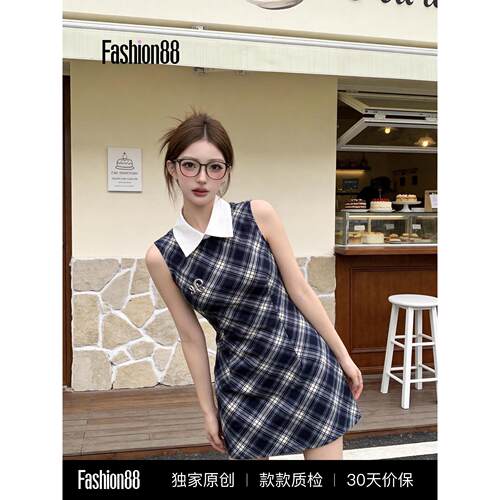 THE AIER新款裙领女连衣裙辣妹法式POLOA短款2026字格子夏季减龄