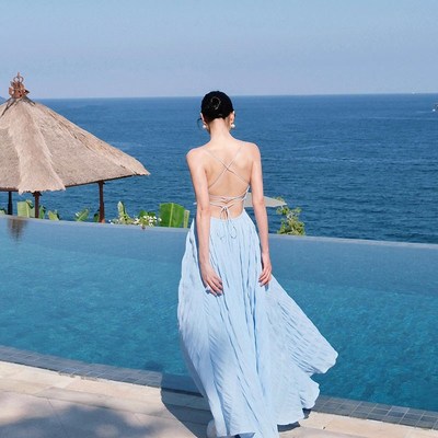 速发法式性感露背绑带蓝色吊带连衣裙夏高级氛围感适合海边度假长