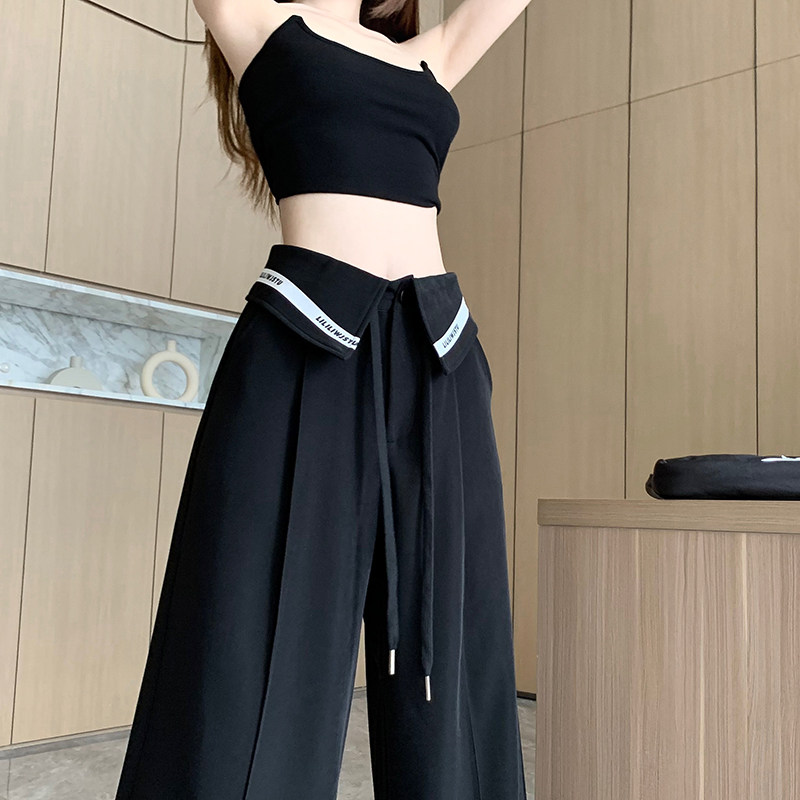 速发垂古港味ch高腰阔腿裤夏季色计感小众腰头外翻复感黑设裤