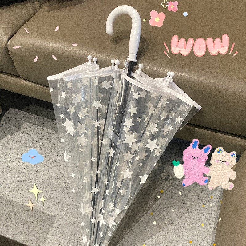 速发星星点缀透明明伞小孩宝宝安全伞光白色高清透雨伞长柄反直杆