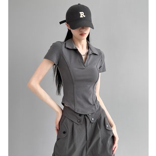 2025夏季 T恤女Polo翻领收腰鱼骨显瘦上衣 新款 欧美辣妹风正肩短袖
