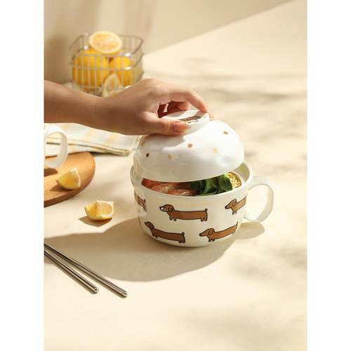 蓝莲花家庭大容量方便面碗盖高外观陶瓷耐高温办公室微波炉加热