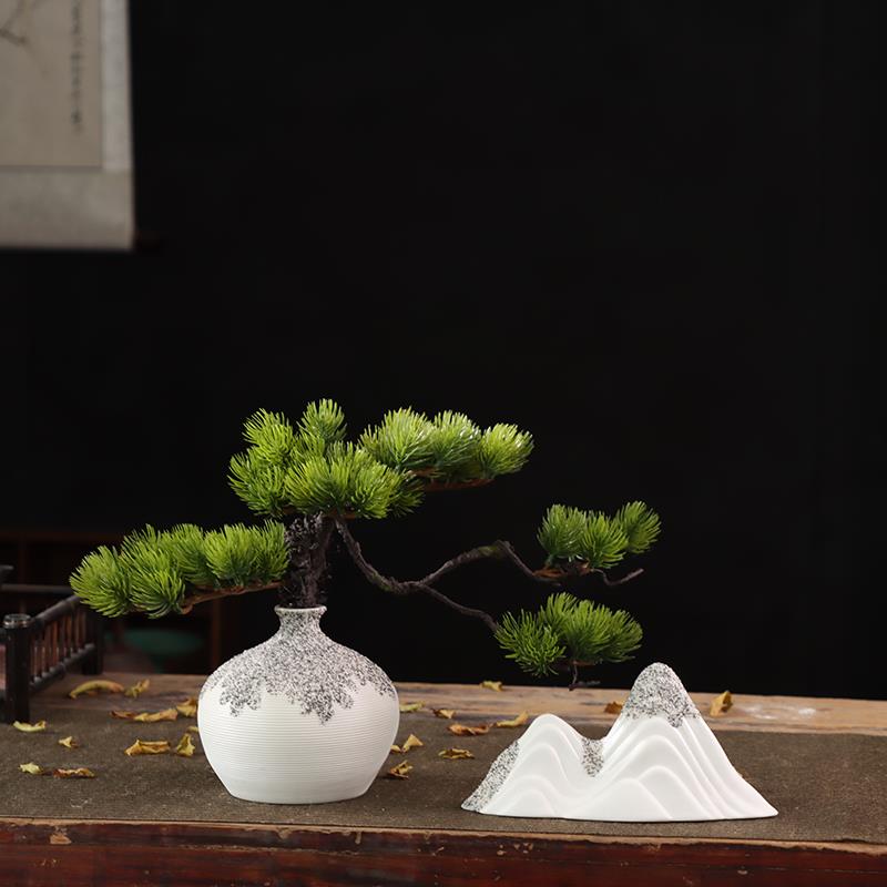 新中式陶瓷花瓶客厅玄关插花博古架摆设国风禅意迎客松雪山摆件