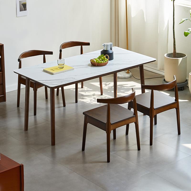 岩板餐桌小户型家用实木长方形现代简约饭桌胡桃色极简餐桌椅组合
