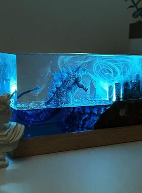 创意树脂海底世界怪兽哥斯拉喷电氛围灯家居装饰品礼物小夜灯摆件